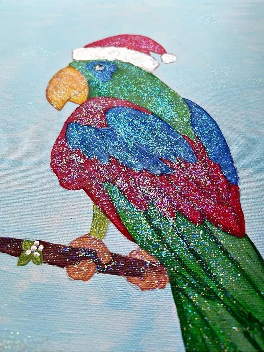 Festive Green Parrot Perch Art Print - Green Red Blue Bird Accent